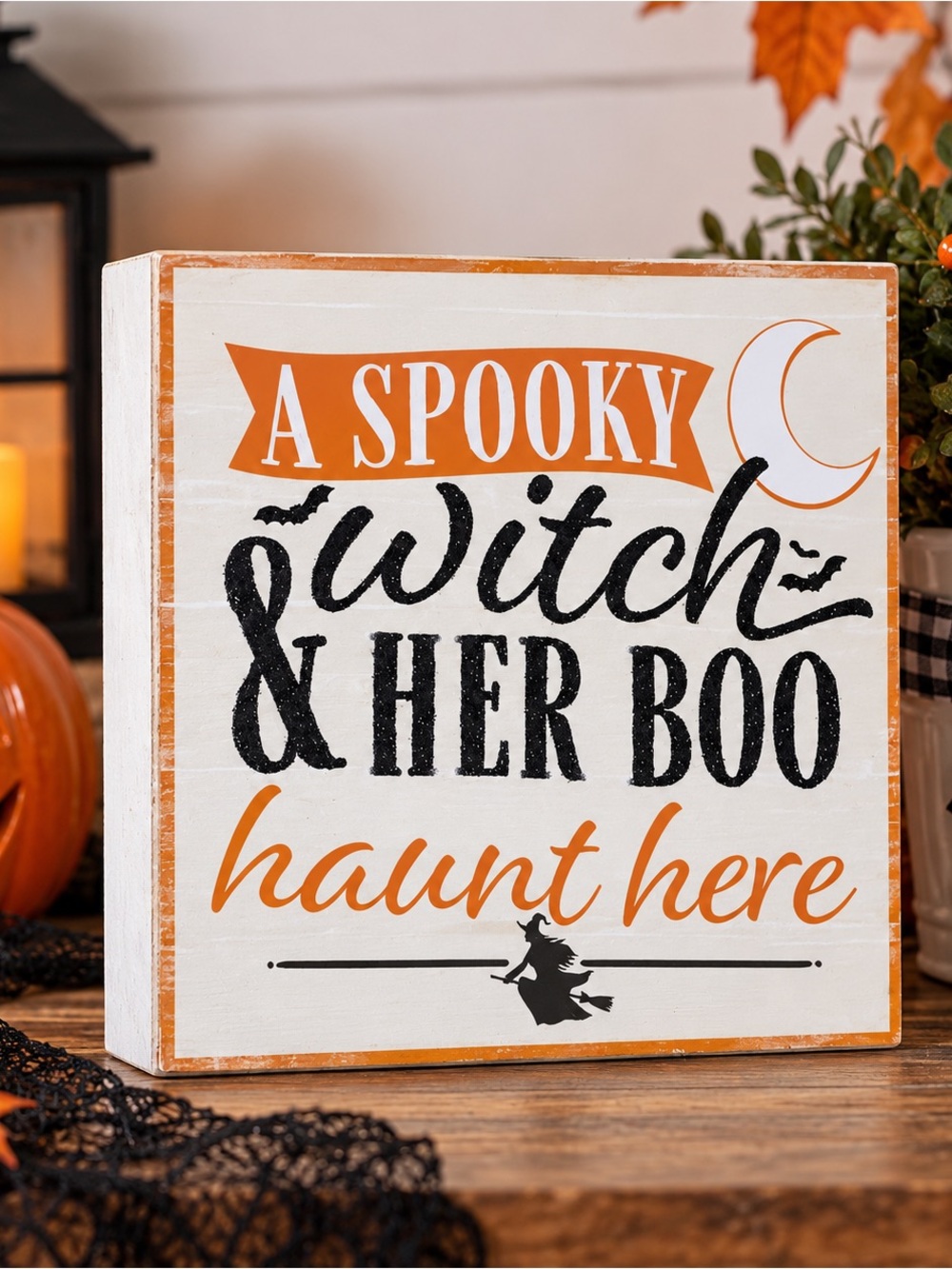 Halloween Wall Sign - Orange and Black 'A Spooky Witch & Her Boo Haunt Here'